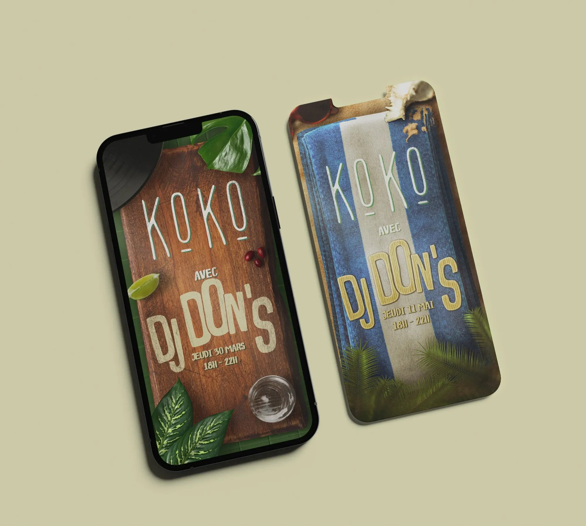 Deux écrans de téléphone affichant un poster promotionnel pour une soirée DJ avec l'artiste KOKO, les détails de la date et l'heure, un fond en bois pour le premier et un fond en bleu avec des éléments végétaux pour le deuxième.
