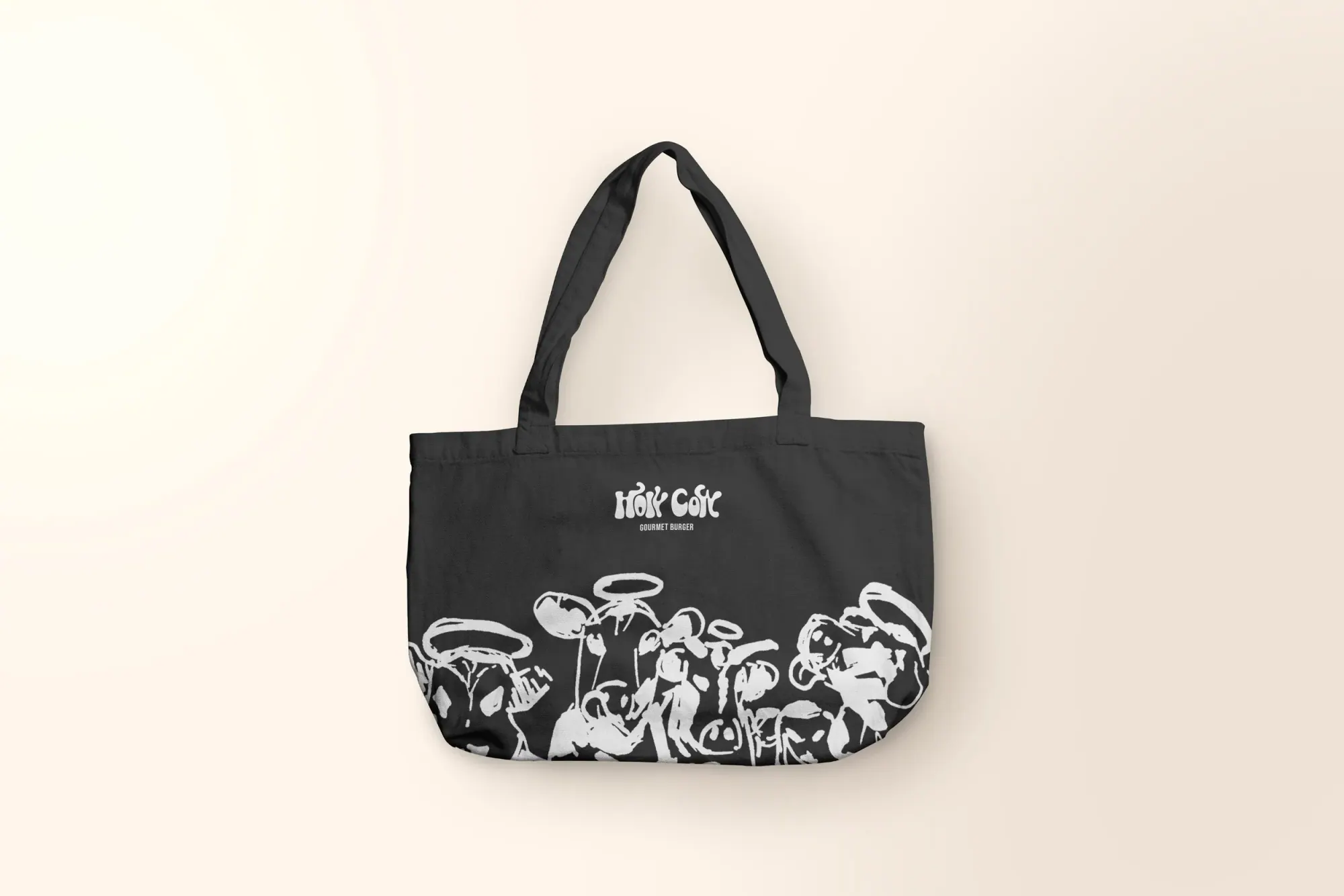 Sac en toile noir avec dessin blanc de champignons et le texte 'HÖSK GÖK GOURMET BURGER'