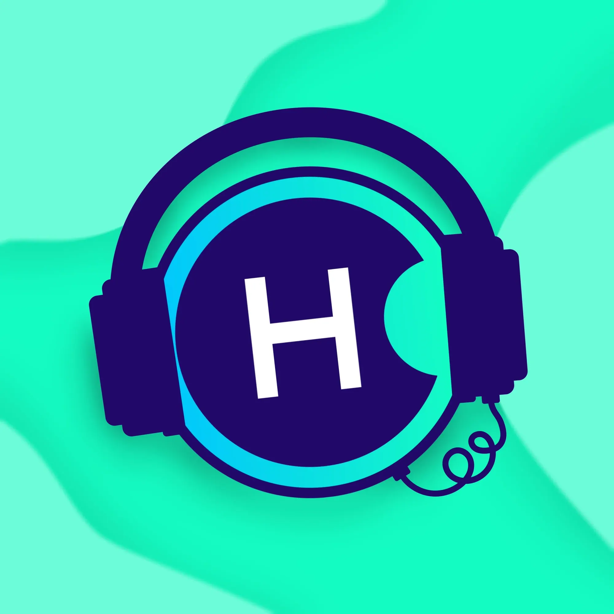 Icône de casque audio avec un fond coloré en dégradé vert et turquoise, et un symbole 'H' blanc au centre.