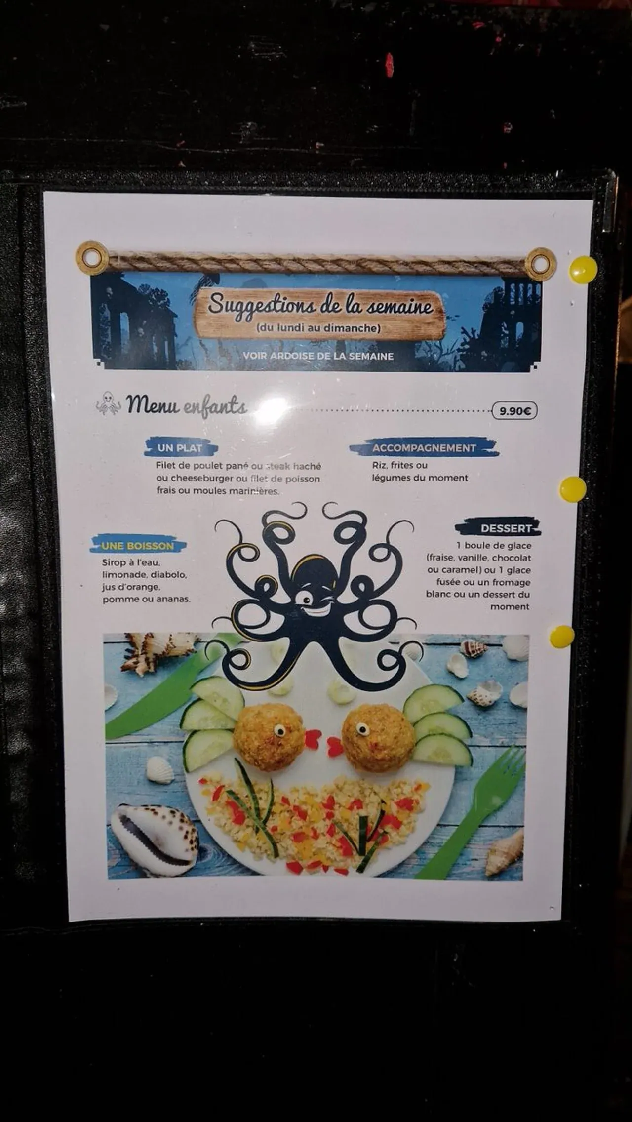 Menu pour enfants avec des plats, boissons, accompagnements et desserts, illustré par un poulpe stylisé et une assiette décorée de deux boulettes en forme d'oiseaux.