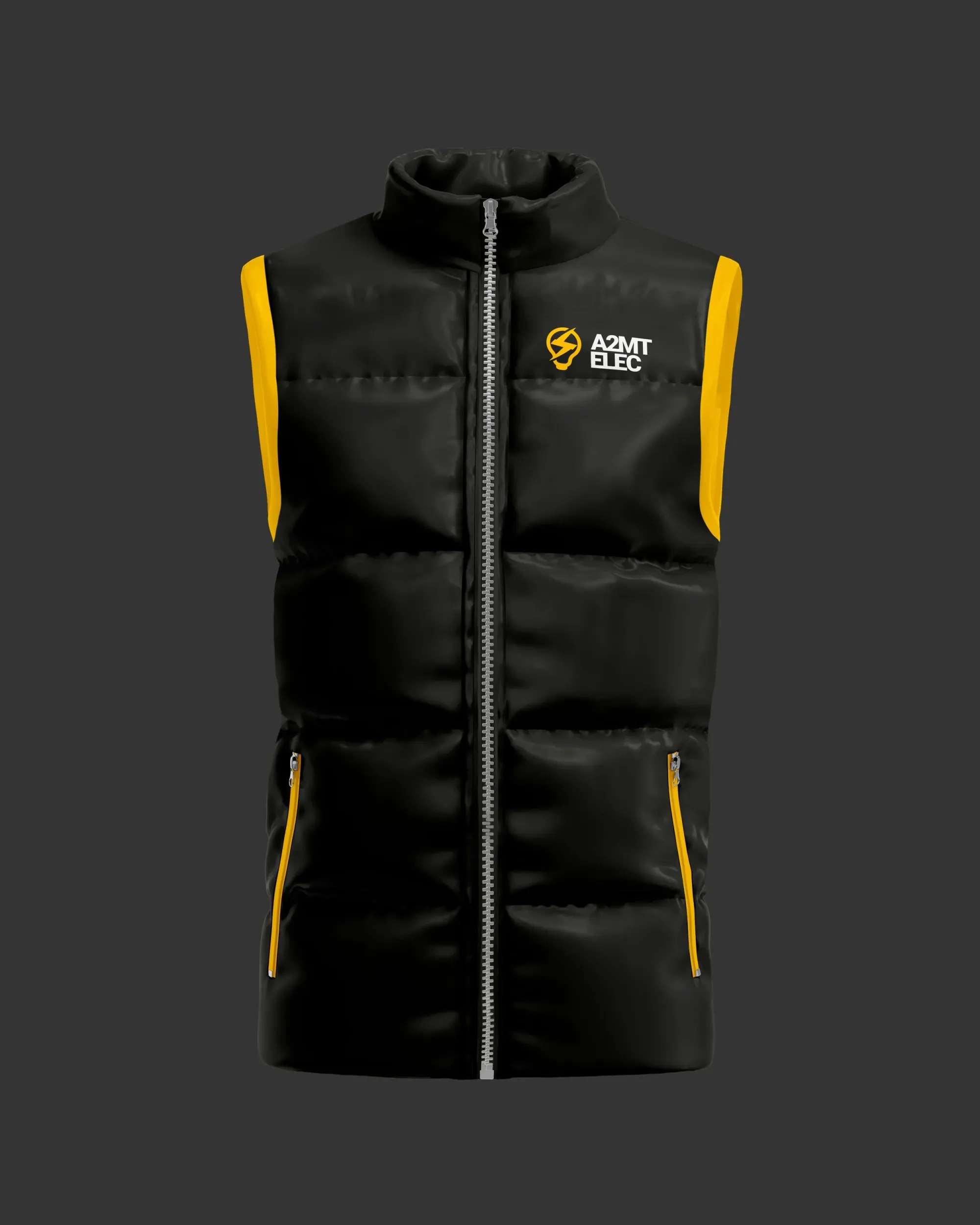 Gilet noir matelassé avec zips jaunes et un logo blanc et jaune sur la poitrine, fond gris