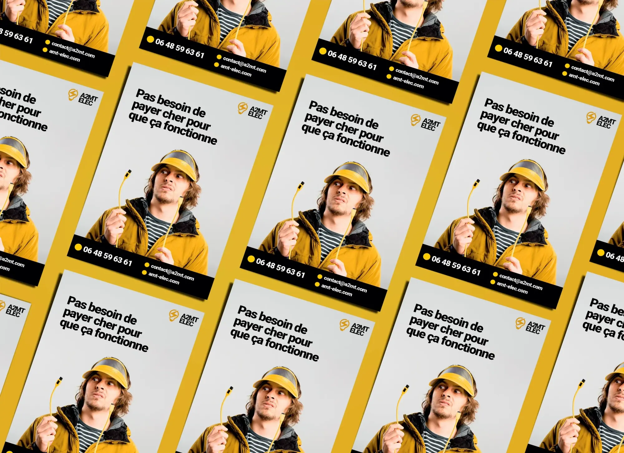 Affiche publicitaire pour une entreprise d'électricité, montrant un homme portant un casque jaune et une veste jaune, tenant un câble électrique. Le texte indique : « Pas besoin de payer cher pour que ça fonctionne ». Information de contact en bas de l'affiche.