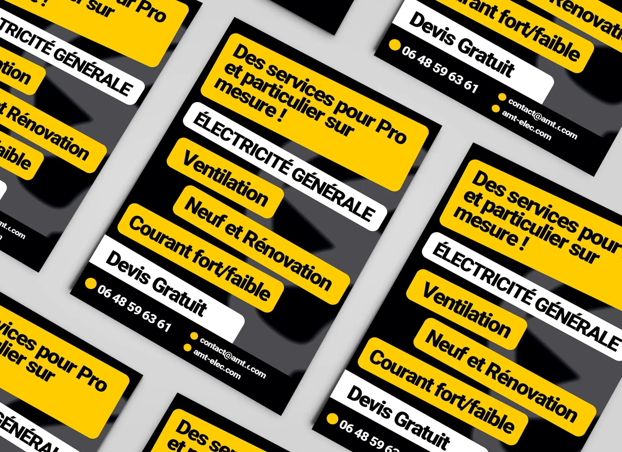 Flyers publicitaires en français proposant des services de rénovation électrique, ventilation, neuf et rénovation, avec une proposition de devis gratuit, un numéro de téléphone, une adresse e-mail et un site web. Utilisation des couleurs noir, blanc et jaune.