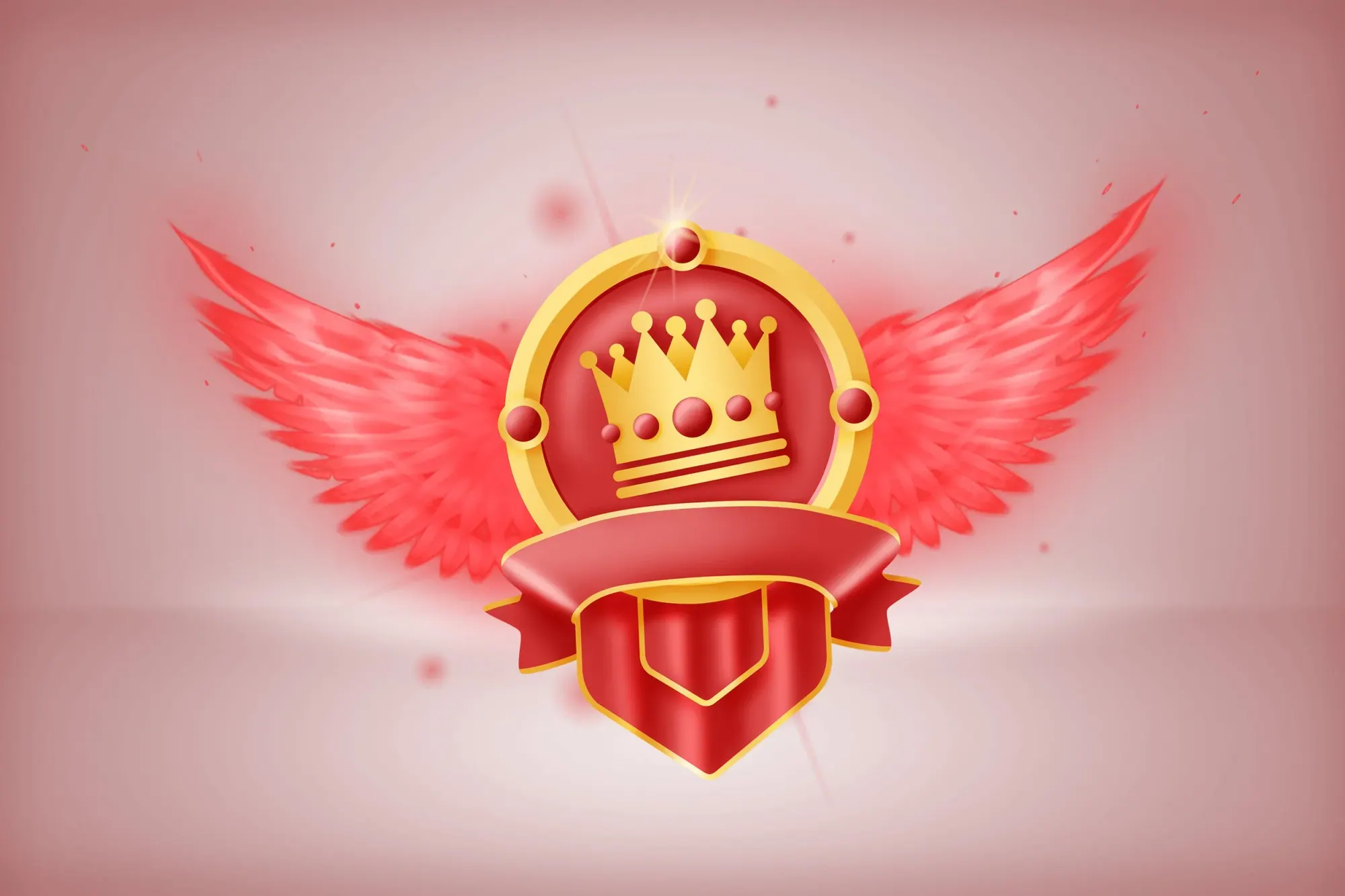 Emblème rouge et or avec une couronne, des ailes rouges et une bannière