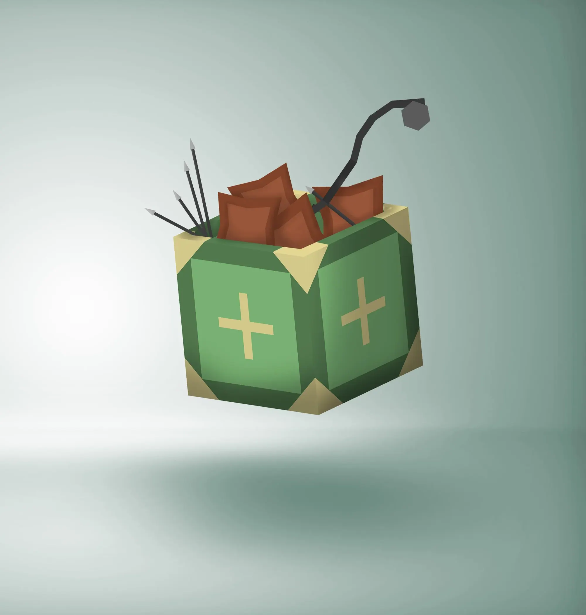 Une boîte à la forme d'un cube avec des croix vertes, contenant des mangues et des flèches, illustrant un style graphique simplifié.