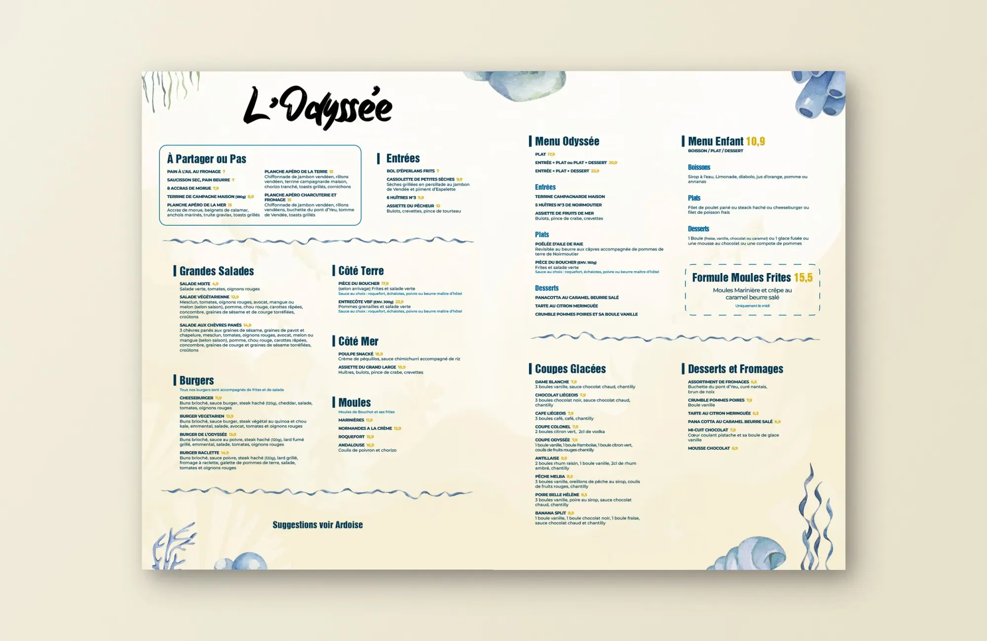 Menu de restaurant avec sections pour entrées, plats, desserts, salades, burgers, moules, glaces, et formules. Décor marin et coquillages.