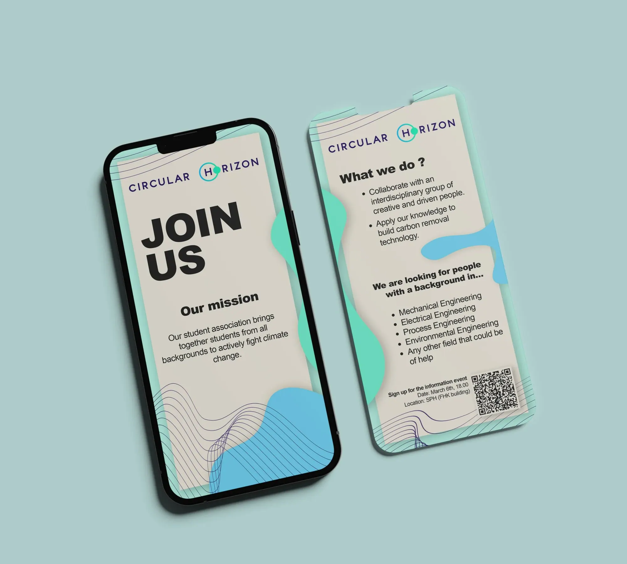 Deux téléphones affichant une affiche promotionnelle pour une association étudiante, avec le texte 'Join Us' et des détails sur la mission et les domaines de compétences, avec des éléments graphiques en bleu et violet.