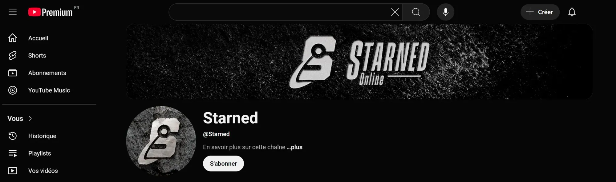 Capture d'écran d'une chaîne YouTube nommée 'Starned' avec un logo en noir et blanc d'une clé et d'une plaque d'immatriculation, sur un fond noir poussiéreux.