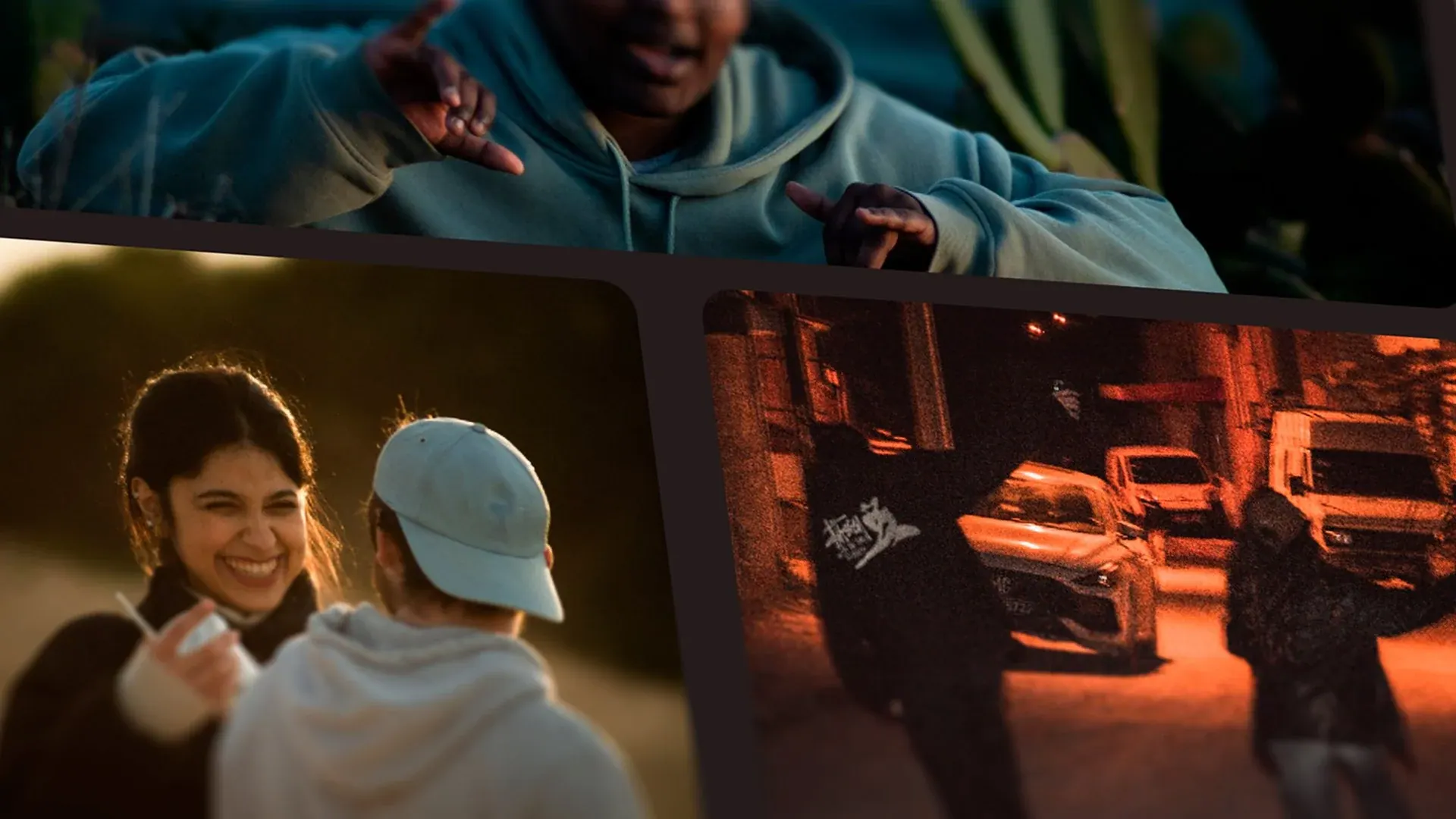 Collage de trois images : une personne en hoodie faisant des gestes, une femme souriante avec un homme portant une casquette, et une scène urbaine la nuit avec des voitures et deux personnes.