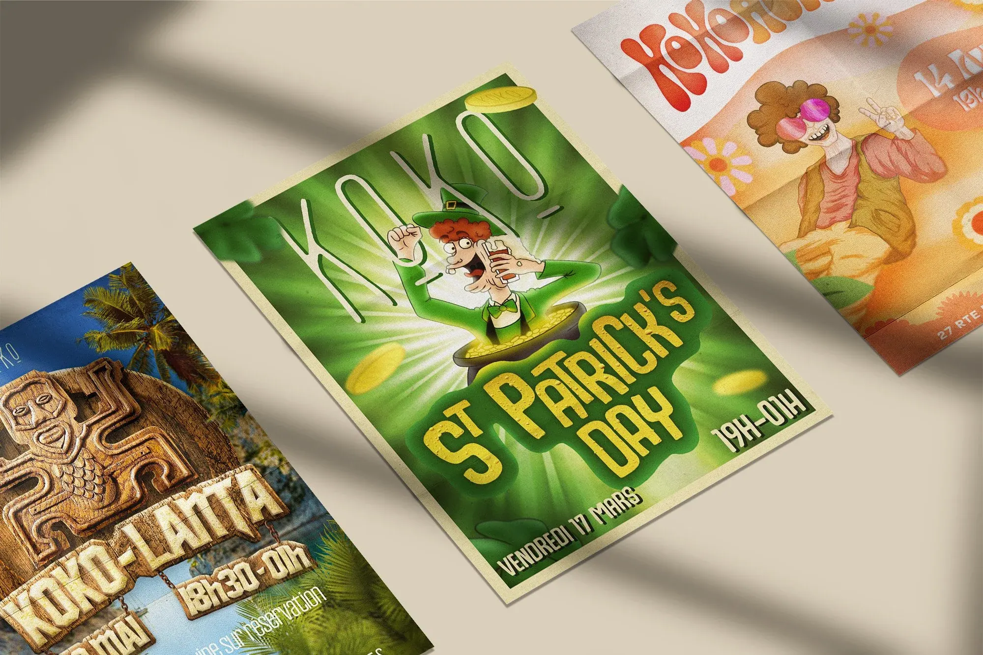 Affiche promotionnelle pour la fête de la Saint-Patrick avec un leprechaun souriant dans un chaudron, des pièces d'or, et le texte 'St Patrick's Day'.