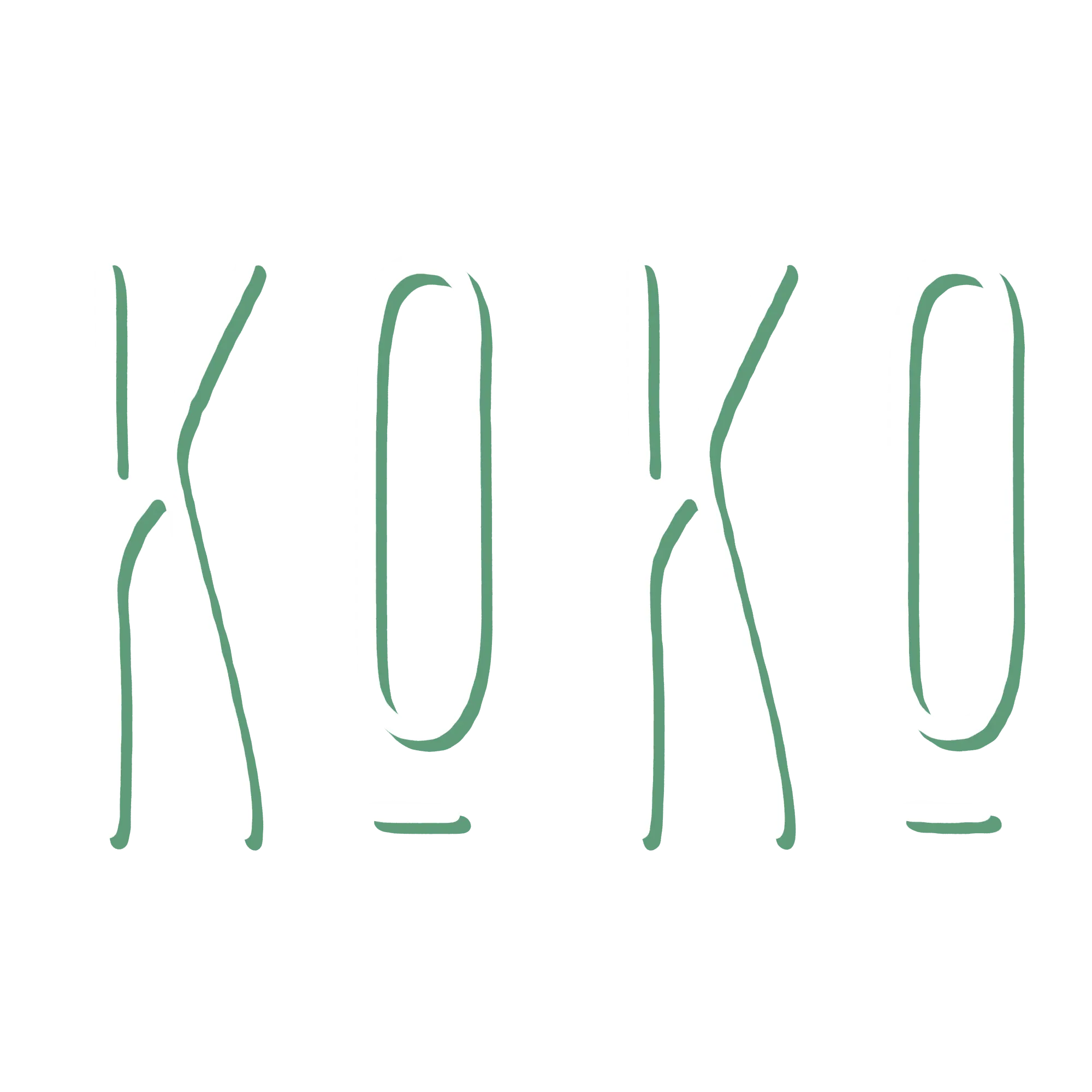 Mot en lettres de style manuscrit formant le mot 'KORO' en vert sur fond blanc.
