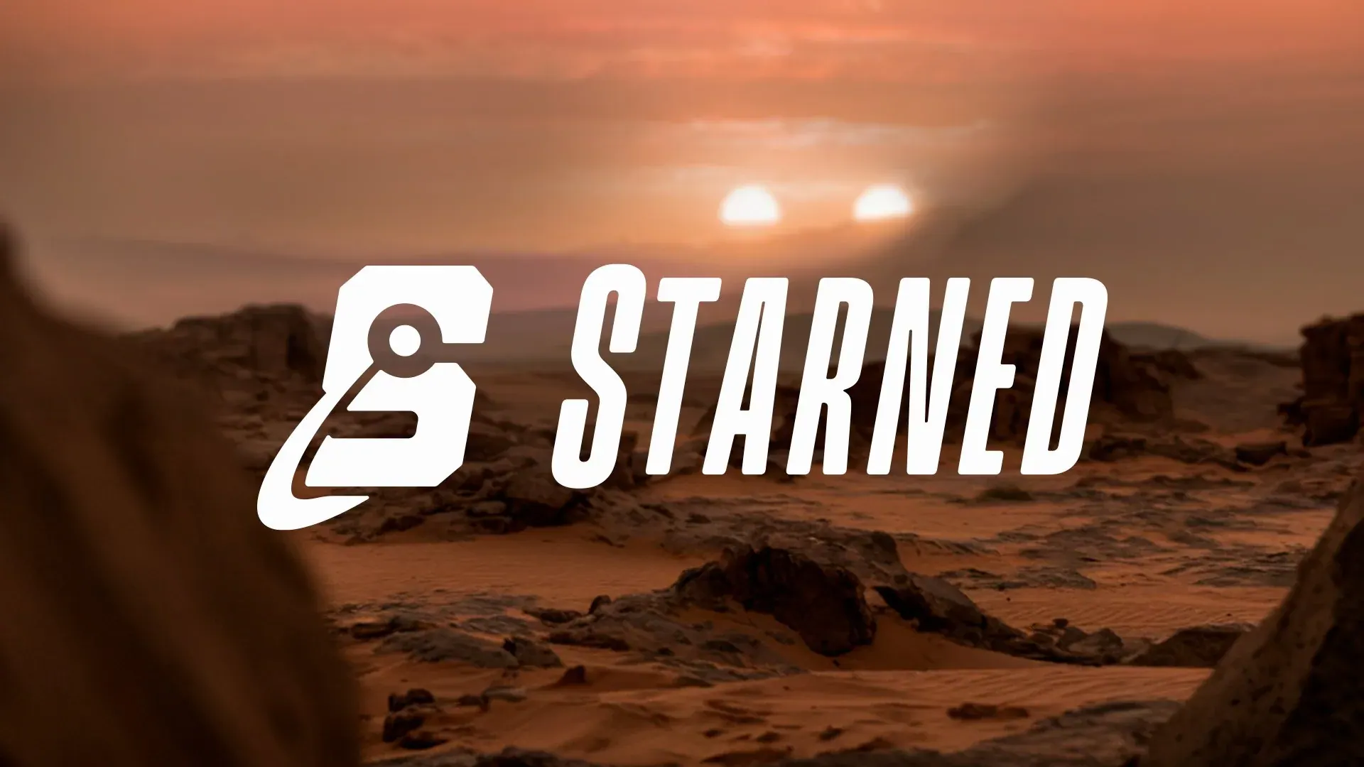 Une scène de désert avec deux soleils dans un ciel orange et une inscription 'STARED' avec un logo d'astronaute